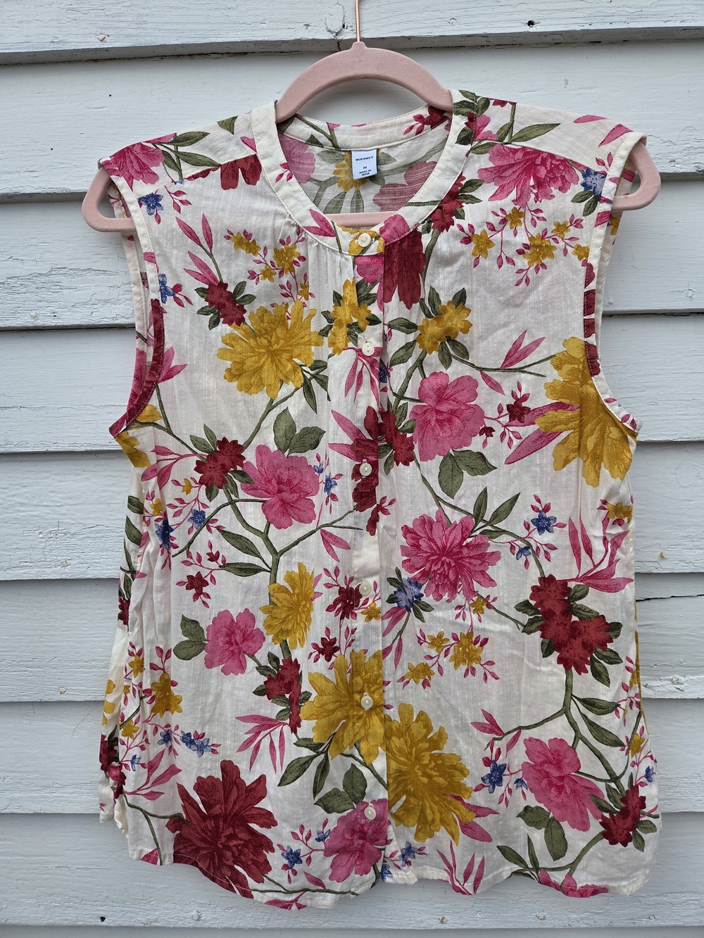 Floral Button-Up Sleeveless Blouse in White with Yellow, Pink & Green - Picture 10 of 10